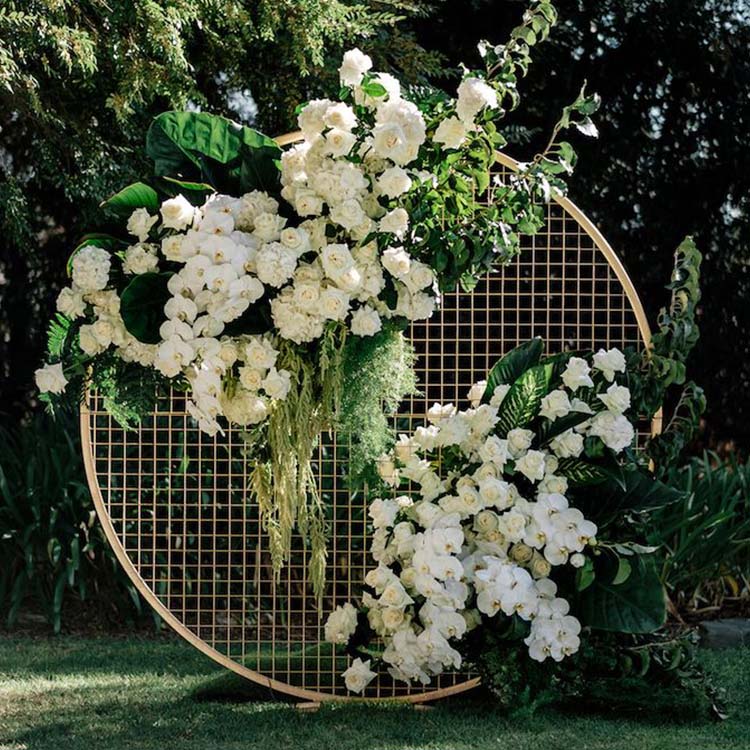 gold metal mesh wrought iron grid round arch circle backdrop stand
