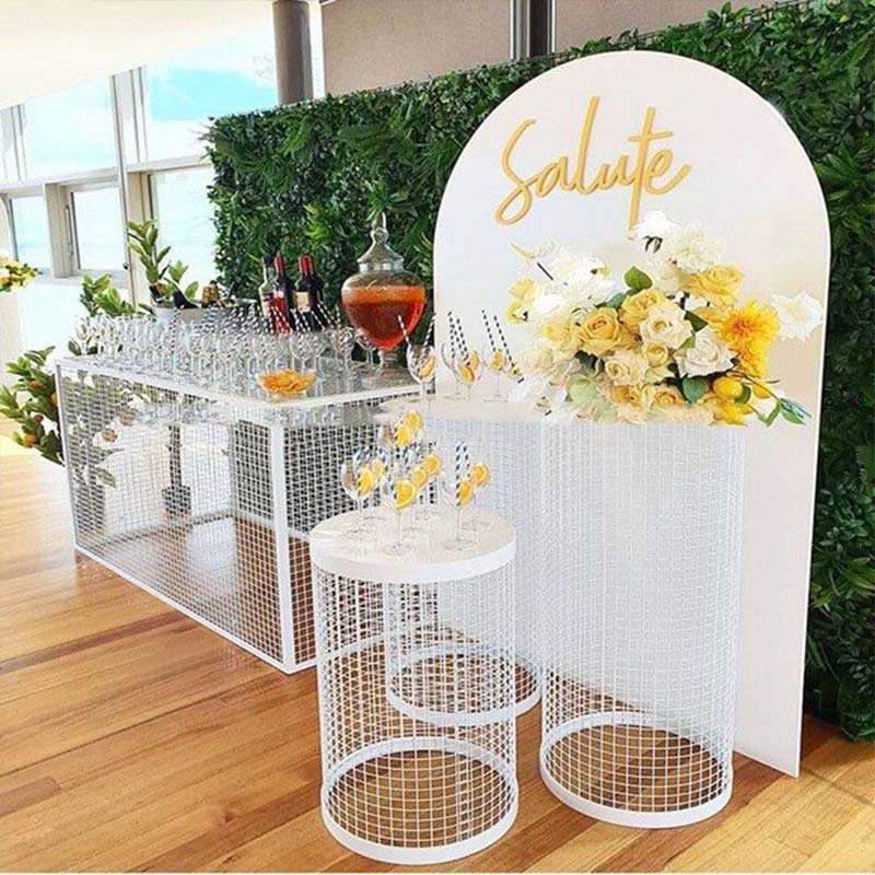 metal white cylinder stands mesh backdrop display for party decorations